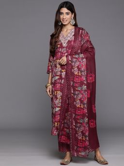 Varanga - Women Maroon Floral Kurta with Pant & Dupatta (Set of 3)