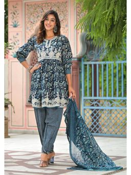 Varanga - Women Navy Blue Printed Kurta with Sharara & Dupatta (Set of 3)