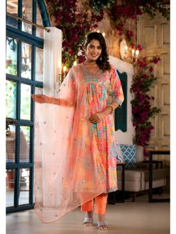 Varanga - Women Multi-Color Floral Anarkali Kurta with Pant & Dupatta (Set of 3)