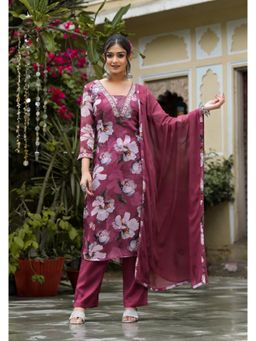 Varanga - Women Maroon Floral Kurta with Pant & Dupatta (Set of 3)