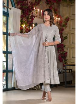Varanga - Women Grey Embroidered Anarkali Kurta with Pant & Dupatta (Set of 3)