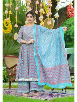 Varanga - Women Blue Printed Anarkali Kurta with Palazzo & Dupatta (Set of 3)