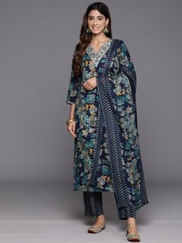 Varanga - Women Workwear Blue Floral Kurta With Pant & Dupatta (Set Of 3)
