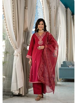 Varanga - Women Maroon Embroidered Kurta with Palazzo & Dupatta (Set of 3)