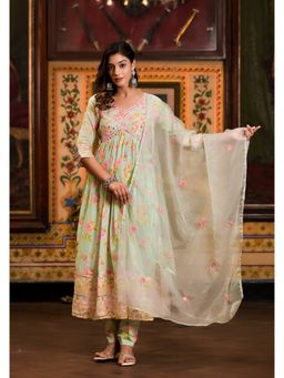 Varanga - Women Pakistani Green Floral Anarkali Kurta With Pant & Dupatta (Set Of 3)