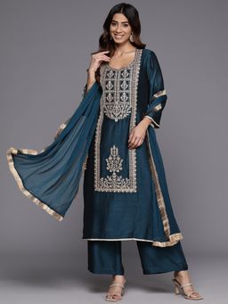 Varanga - Women Pakistani Teal Embroidered Kurta With Palazzo & Dupatta (Set Of 3)