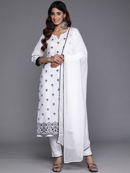 Varanga - Women Workwear White Embroidered Kurta With Pant & Dupatta (Set Of 3)