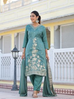 Varanga - Women Green Woven Kurta with Pant & Dupatta (Set of 3)