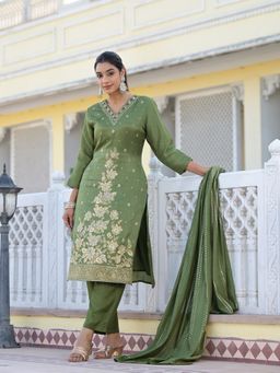 Varanga - Women Olive Woven Kurta with Pant & Dupatta (Set of 3)