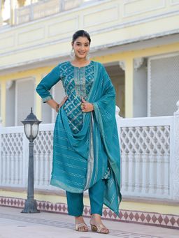 Varanga - Women Teal Woven Kurta with Pant & Dupatta (Set of 3)