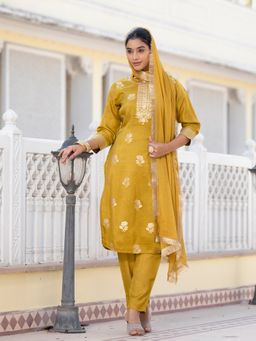 Varanga - Women Mustard Woven Kurta with Pant & Dupatta (Set of 3)