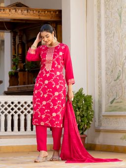 Varanga - Women Red Woven Kurta with Pant & Dupatta (Set of 3)
