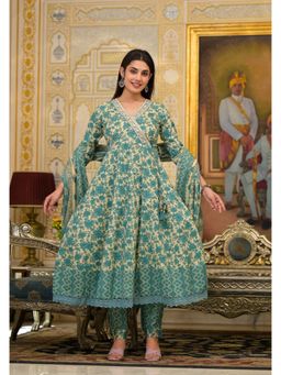 Varanga - Women Workwear Green Printed Angarkha Kurta With Pant & Dupatta (Set Of 3)