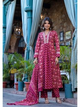 Varanga - Women Workwear Pink Floral Anarkali Kurta With Pant & Dupatta (Set Of 3)