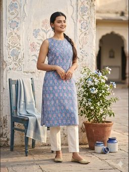 Stree Basics - Women Blue Cotton Floral Block Printed Kurta