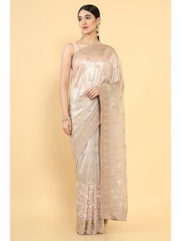 Soch - Women Pink Tissue Embroidered Saree with Unstitched Blouse