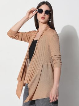 SHOWOFFFF - Women's Ribbed Beige Longline Shrug