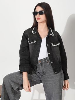 SHOWOFF - Women's Black Spread Collar Denim Jacket