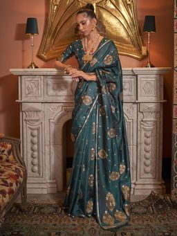 Akhilam - Womens Silk Blend Teal Blue Woven Designer Saree with Unstitched Blouse
