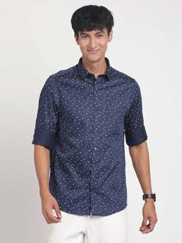 Turtle - Men Cotton Printed Slim Fit Blue Formal Shirt