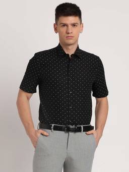 Turtle - Men Cotton Linen Printed Regular Fit Black Formal Shirt