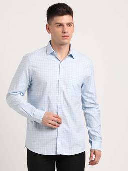 Turtle - Men Cotton Checkered Slim Fit Light Blue Formal Shirt