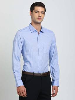 Turtle - Men Cotton Stripe Slim Fit Light Blue Formal Shirt