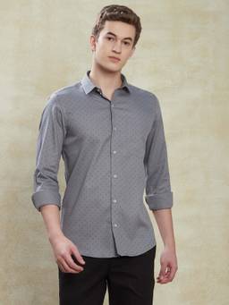 Turtle - Men Cotton Tencel Printed Slim Fit Grey Formal Shirt