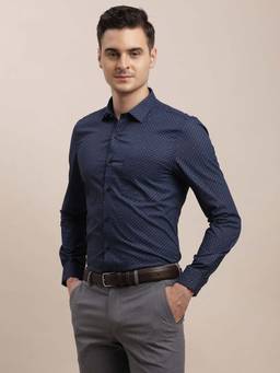 Turtle - Men Cotton Printed Slim Fit Blue Formal Shirt