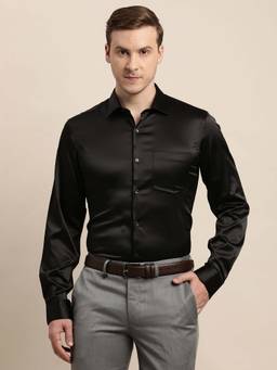 Turtle - Men Poly Satin Solid Slim Fit Black Party Shirt