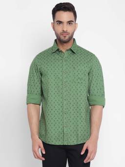 Turtle - Men Cotton Printed Slim Fit Green Casual Shirt