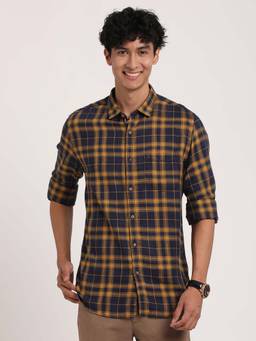 Turtle - Men Cotton Lyocell Checkered Slim Fit Blue/Yellow Casual Shirt