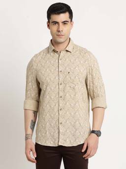 Turtle - Men Cotton Linen Printed Slim Fit Khaki Casual Shirt