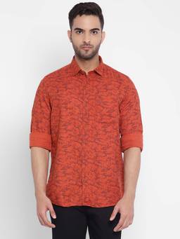 Turtle - Men Cotton Lyocell Printed Slim Fit Orange Casual Shirt