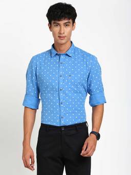 Turtle - Men Cotton Linen Printed Slim Fit Blue Casual Shirt