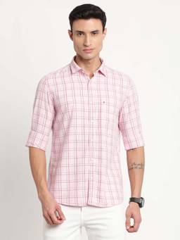 Turtle - Men Cotton Checkered Slim Fit Light Pink Casual Shirt