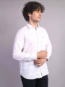 Turtle - Men Cotton Stripe Slim Fit White Casual Shirt