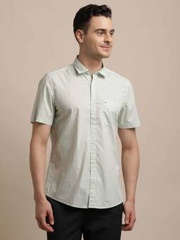 Turtle - Men Cotton Stretch Printed Slim Fit Light Green Casual Shirt