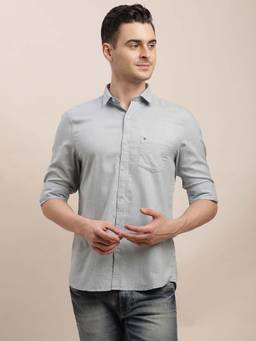 Turtle - Men Cotton Solid Slim Fit Grey Casual Shirt