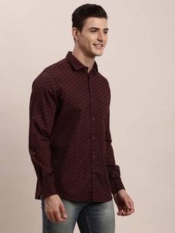 Turtle - Men Cotton Printed Slim Fit Maroon Casual Shirt