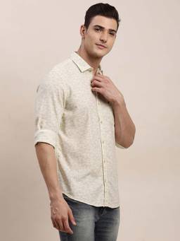 Turtle - Men Cotton Printed Slim Fit Beige Casual Shirt
