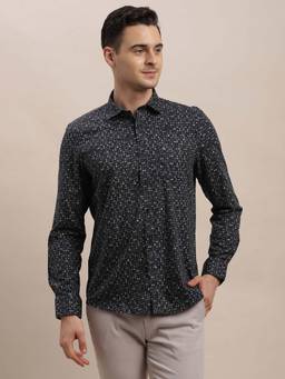 Turtle - Men Cotton Tencel Digital Print Slim Fit Navy Casual Shirt
