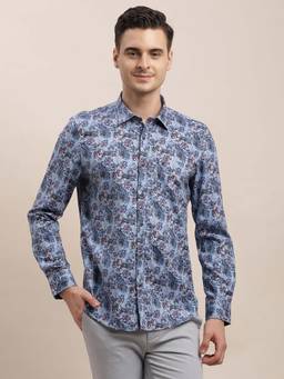 Turtle - Men Cotton Tencel Digital Print Slim Fit Light Blue Casual Shirt