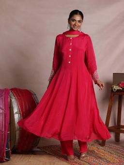 Zari Jaipur - Pink Anarkali Kurta and Pant with Dupatta (Set of 3)