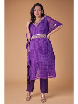 Zari Jaipur - Purple Kaftan and Pant with Belt (Set of 3)