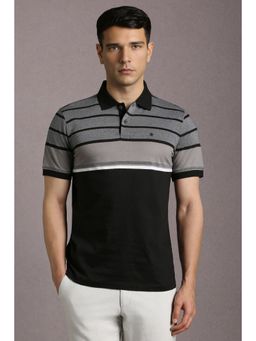 Louis Philippe - Men Black Stripe Polo Neck T-Shirt