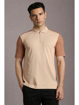 Louis Philippe - Men Beige Solid Polo Neck T-Shirt