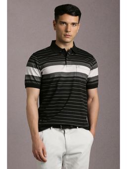Louis Philippe - Men Black Stripe Polo Neck T-Shirt