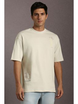 Louis Philippe - Men Beige Embroidered Crew Neck T-Shirt