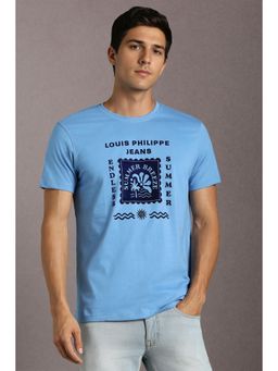 Louis Philippe - Men Light Blue Printed Crew Neck T-Shirt